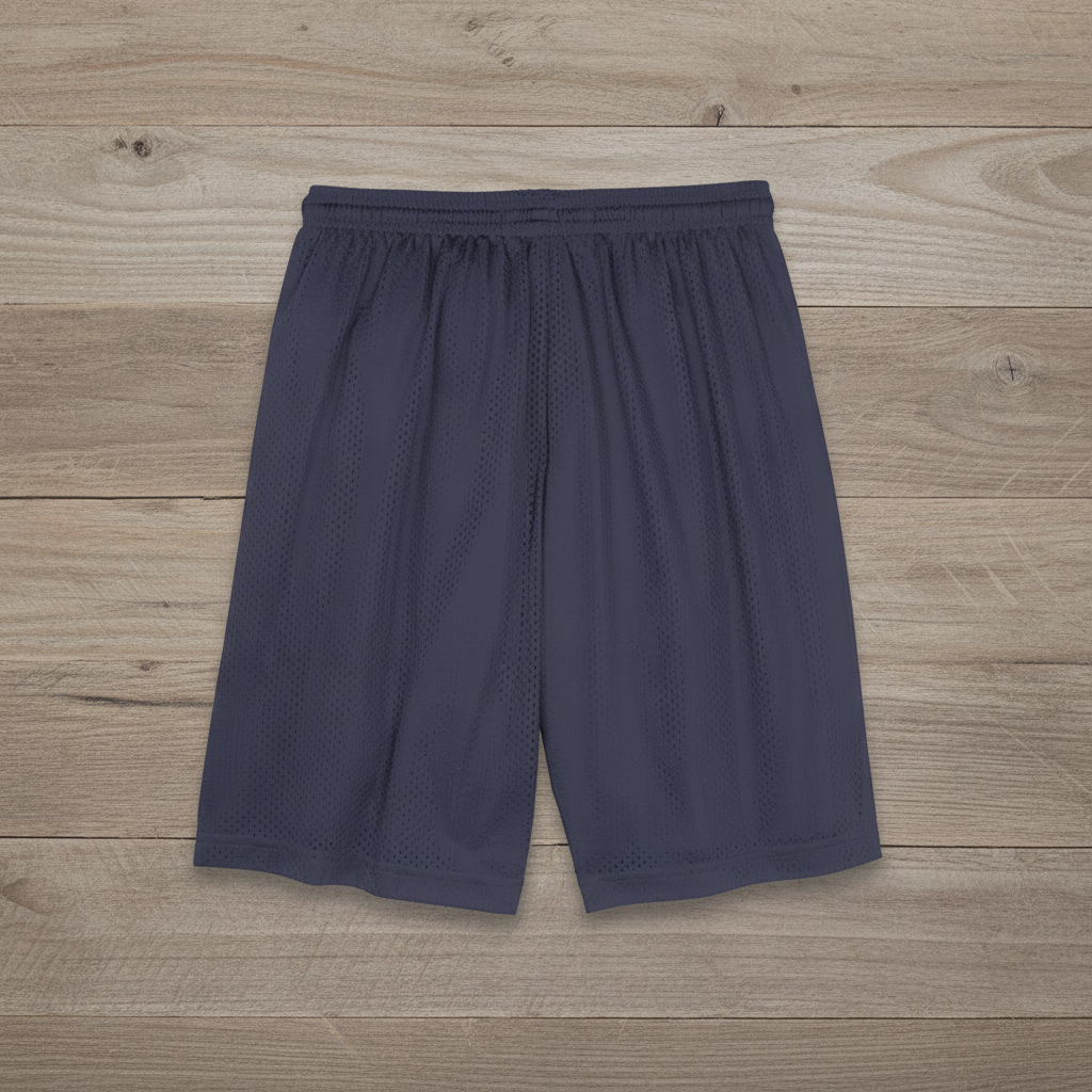 Navy athletic mesh shorts on wooden background