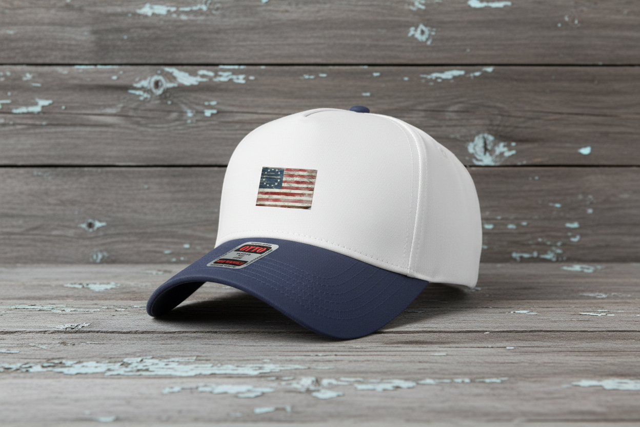 Navy Betsy Ross cap on gray distressed wood - angle