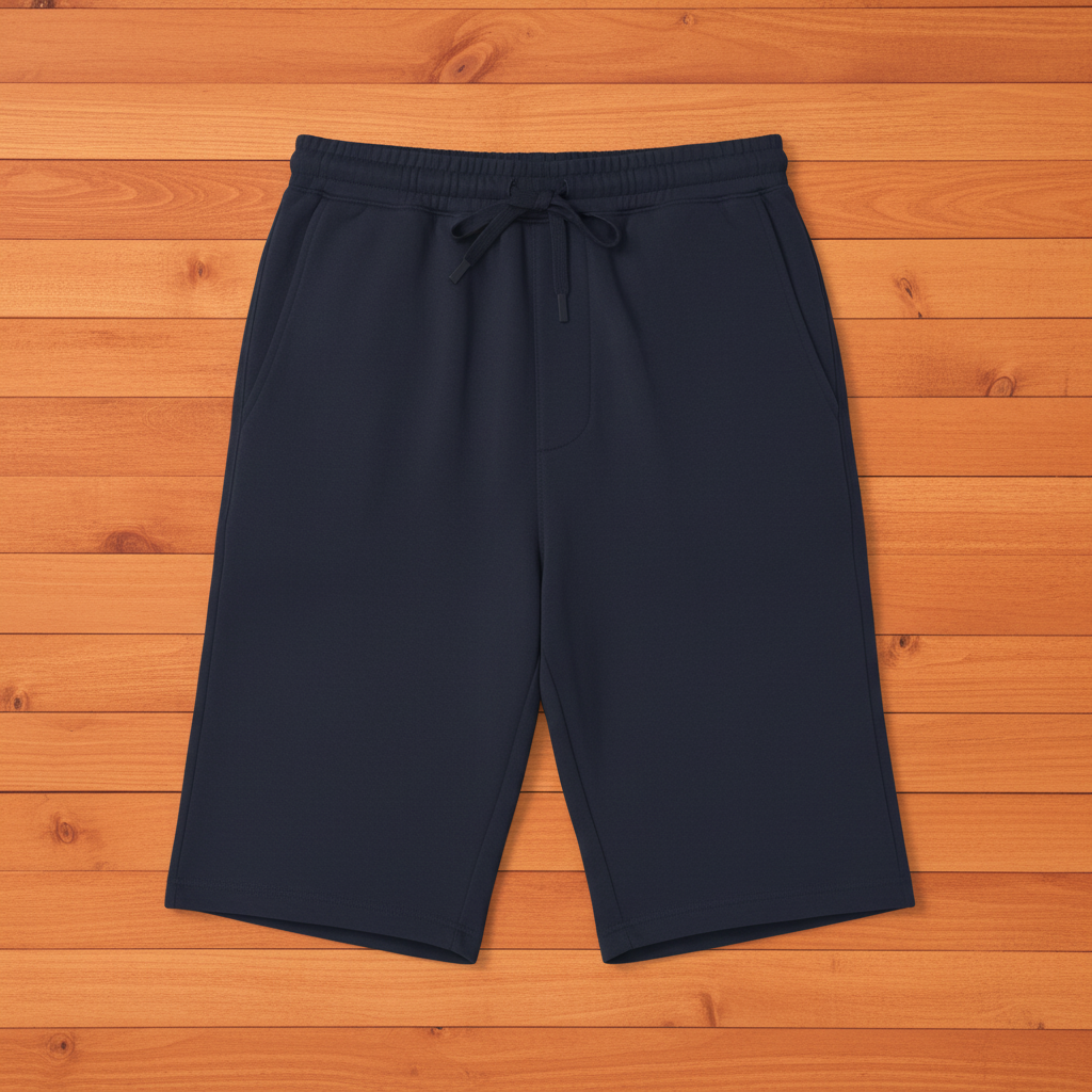 Navy blue longer knee-length shorts flat lay