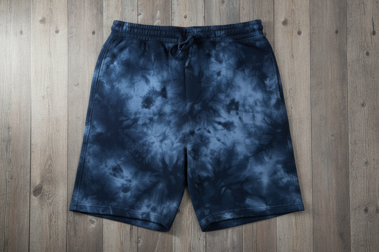 Navy blue tie-dye shorts on wooden background