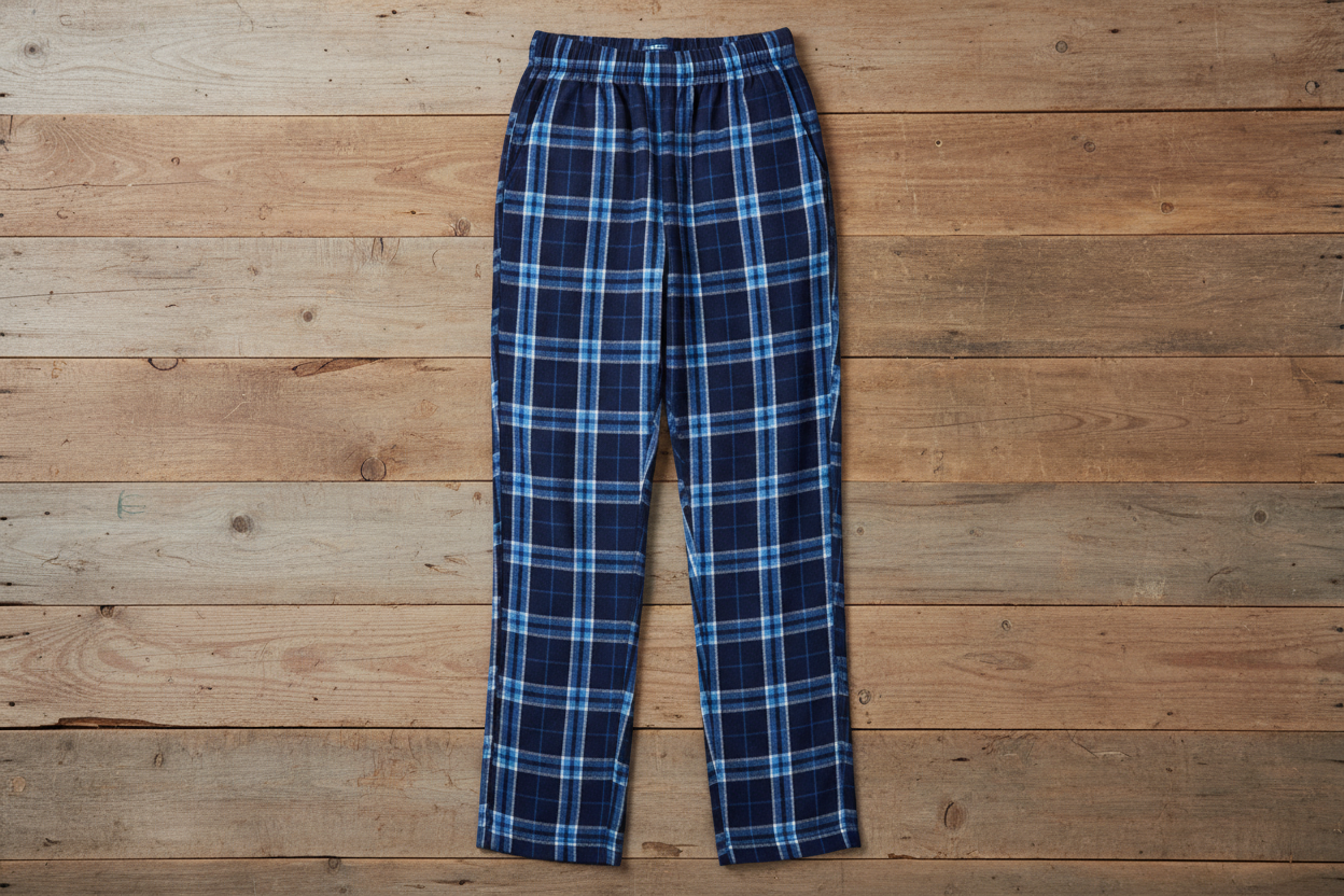 Navy Columbia blue plaid flannel pants on wood