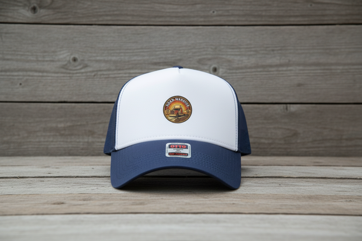 Navy Fruitdog trucker hat on distressed wood