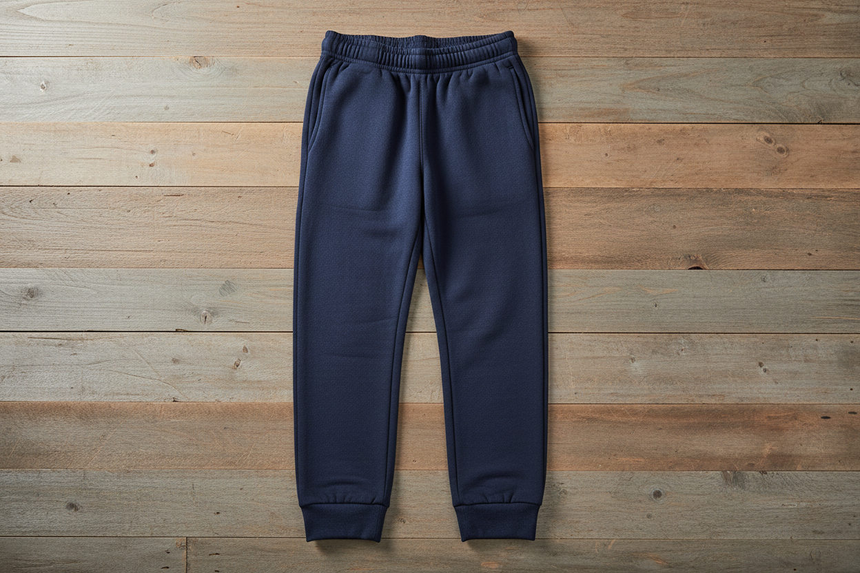 Navy joggers on wood