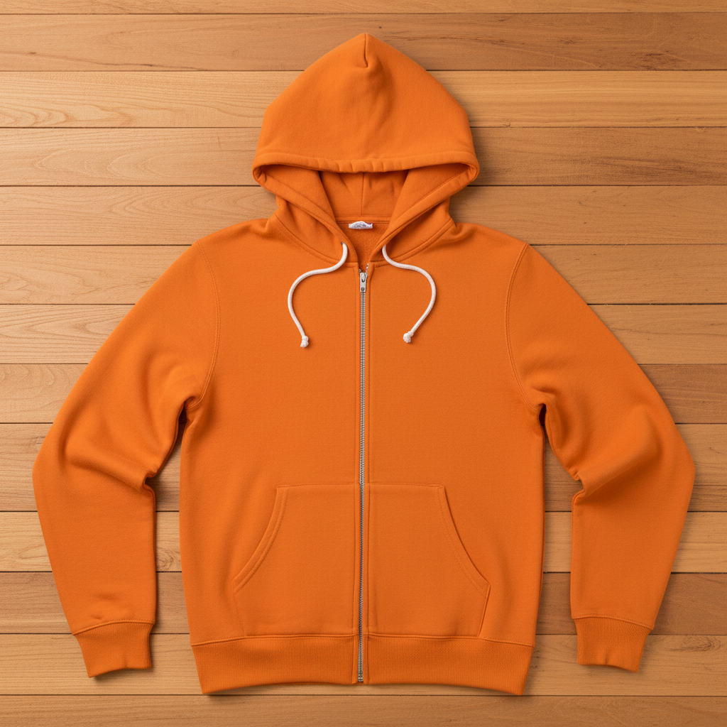 Orange zip-up hoodie flat lay