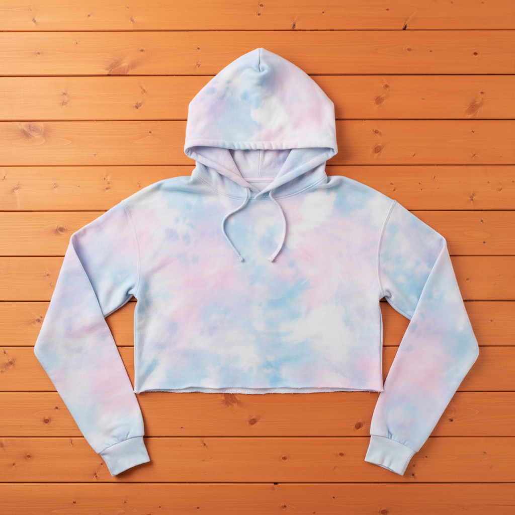 Pastel tie-dye crop hoodie with arms down on orange slats