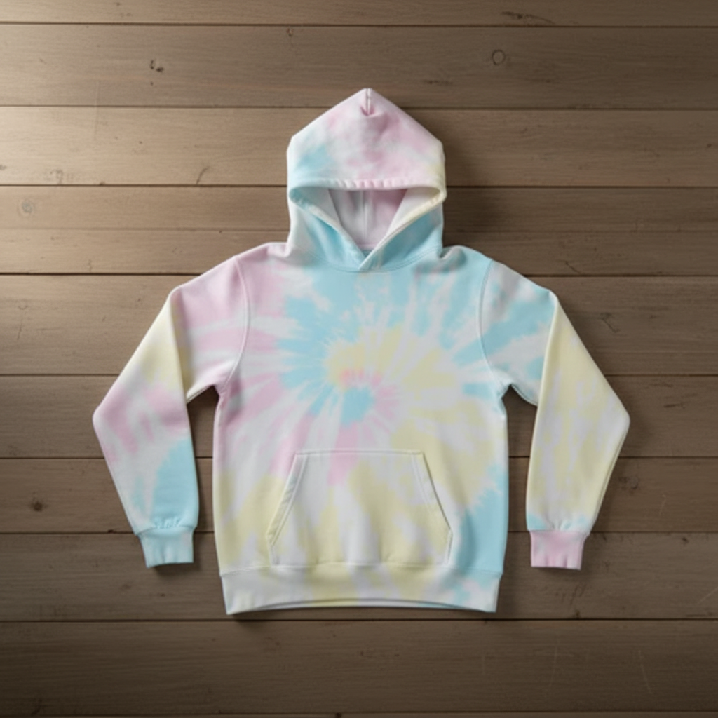 Pastel tie-dye hoodie with arms down - square format