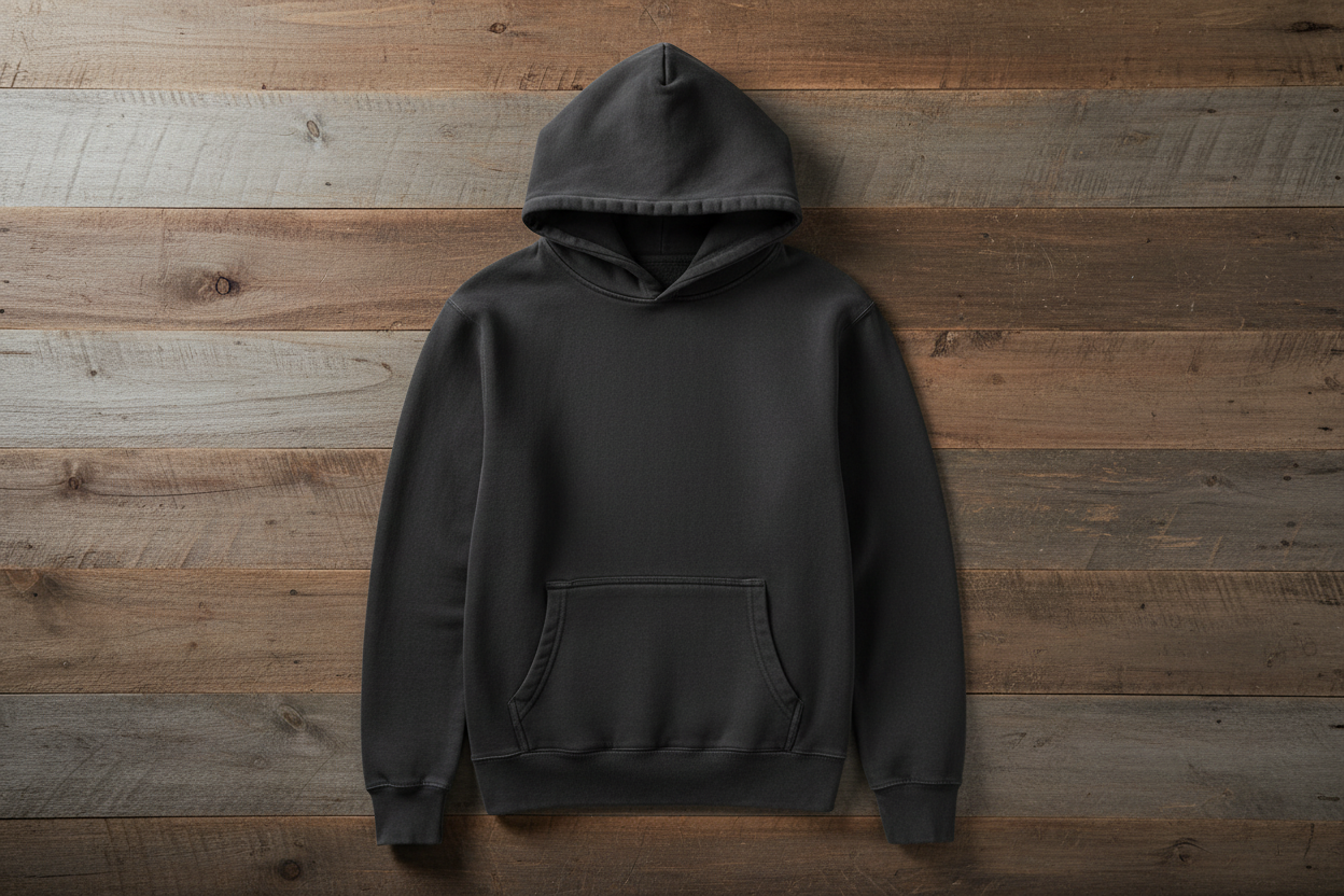 Pigment black hoodie on wooden background