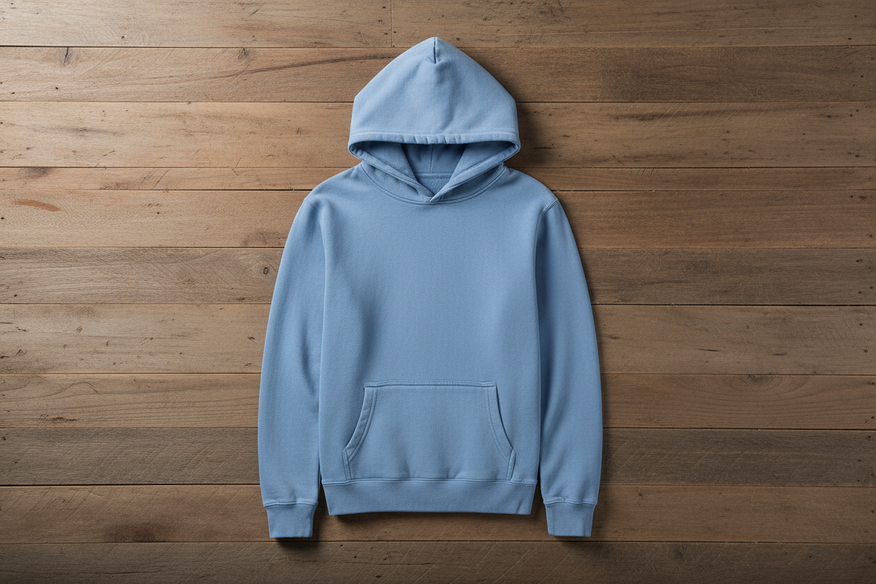 Pigment light blue hoodie on wooden background
