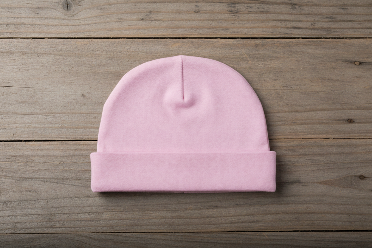 Pink baby beanie on wooden background