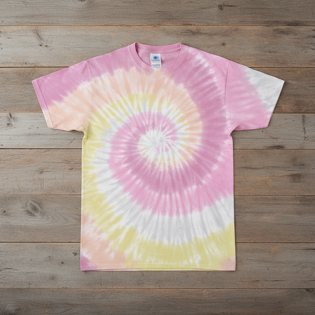 Pink yellow white spiral tie-dye on wooden background
