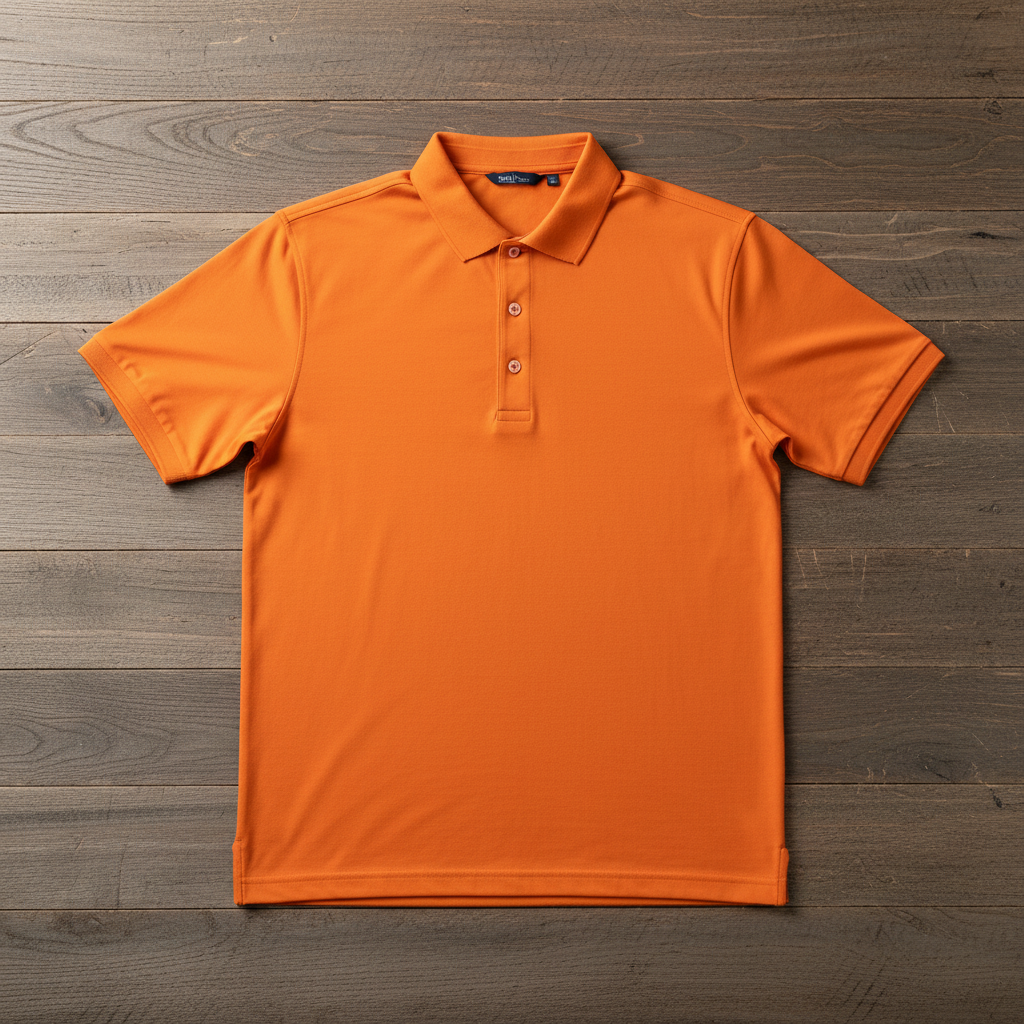 Power orange polo - flat on horizontal wood slats