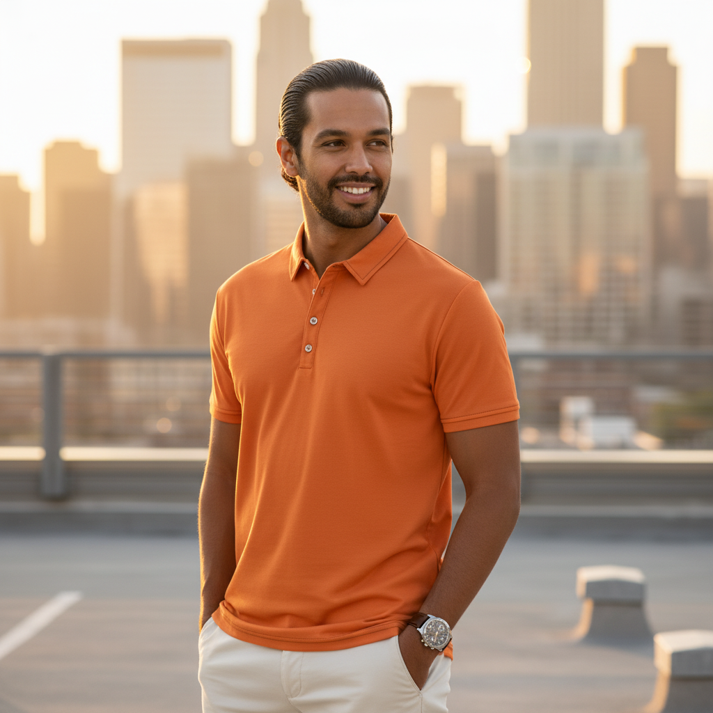 Power orange polo - urban rooftop editorial