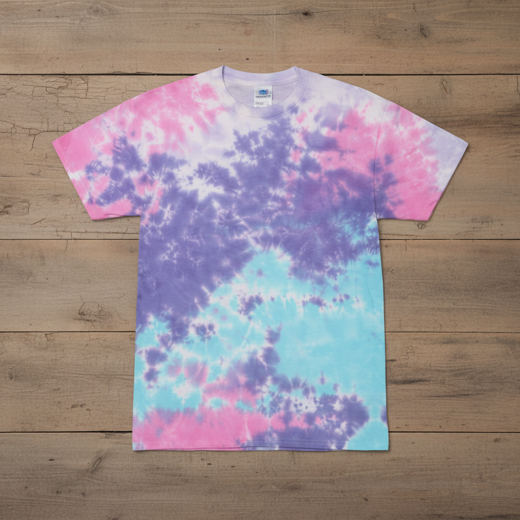 Purple pink blue cloud tie-dye on wooden background