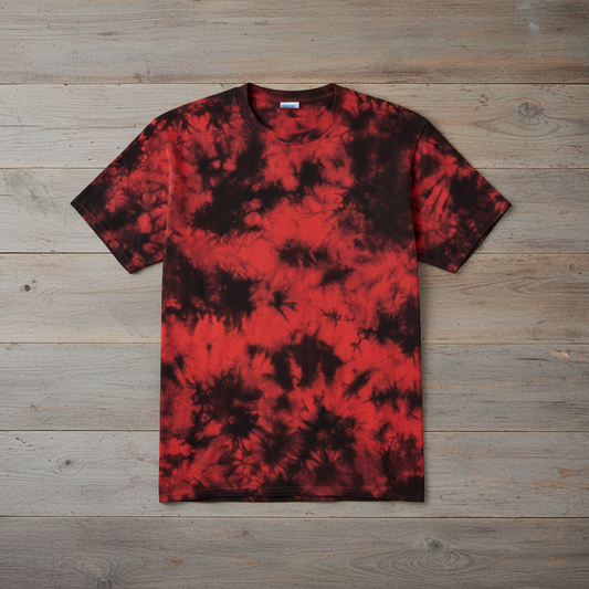 Red black crystal tie dye on wooden background - with proper reference