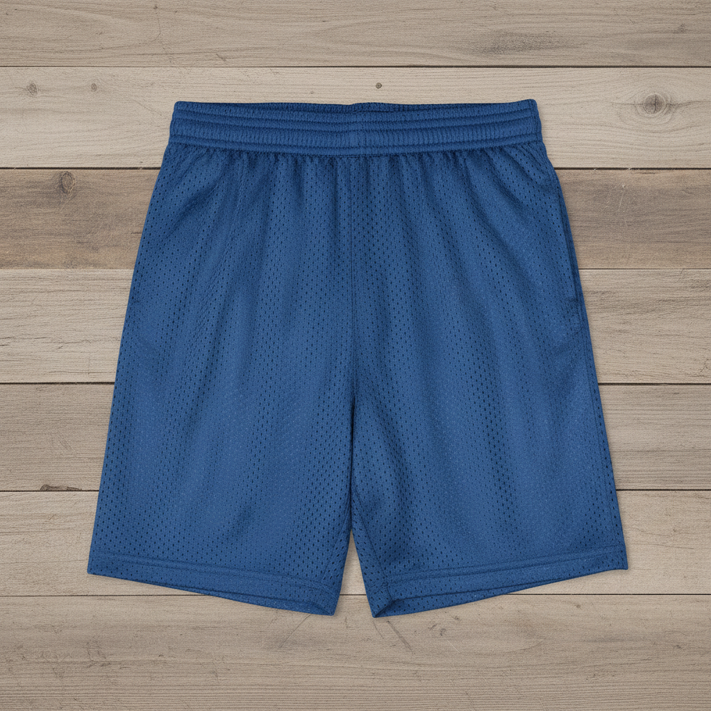 Royal blue athletic mesh shorts on wooden background