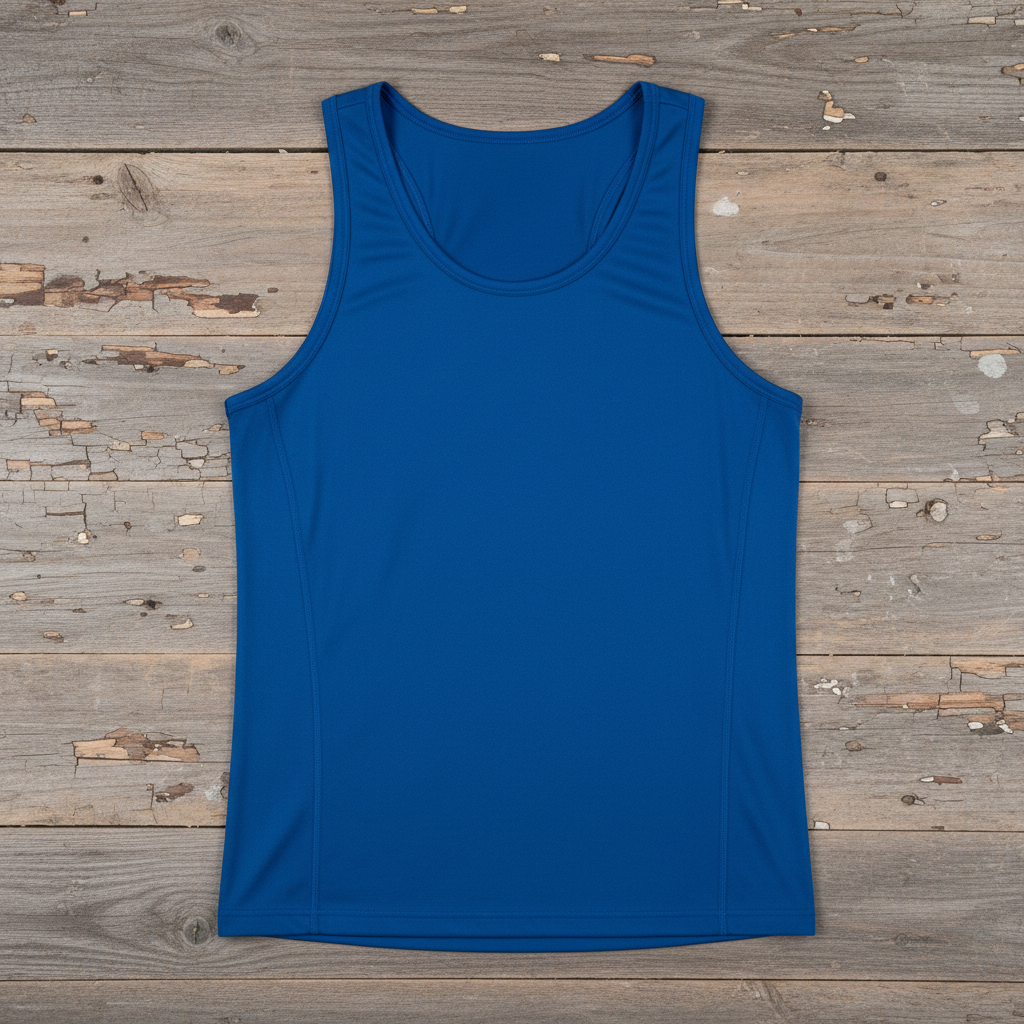 Royal blue men's tank top on wooden background