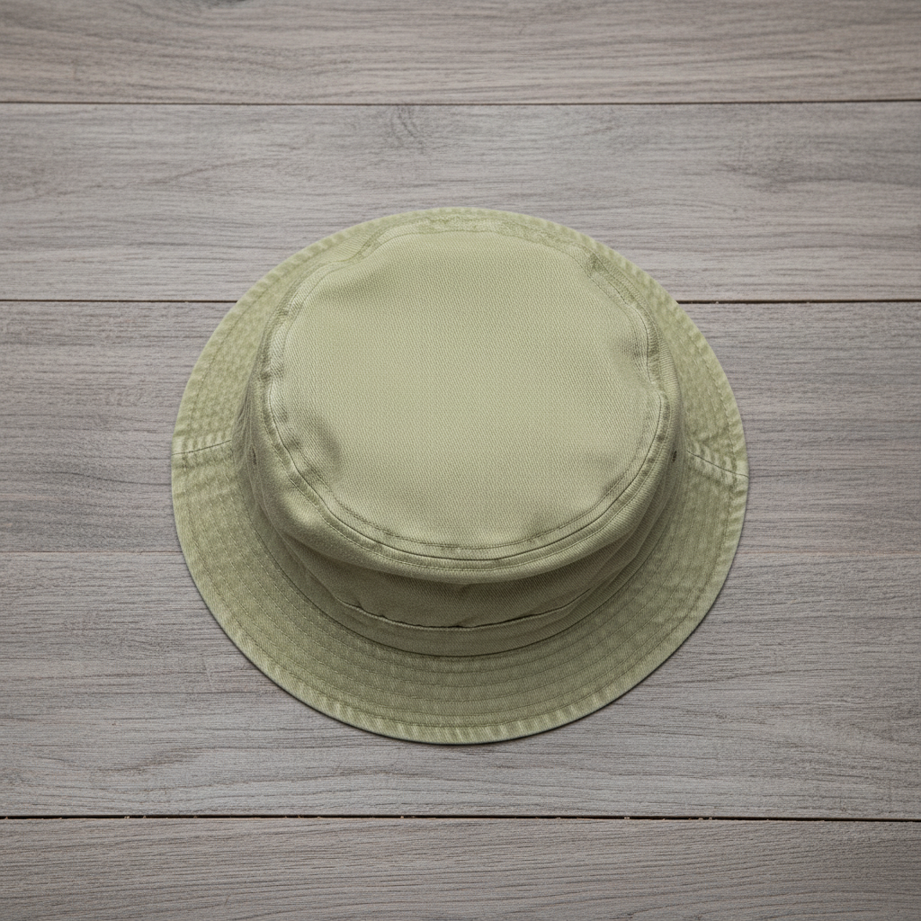 Sage green bucket hat on wooden background