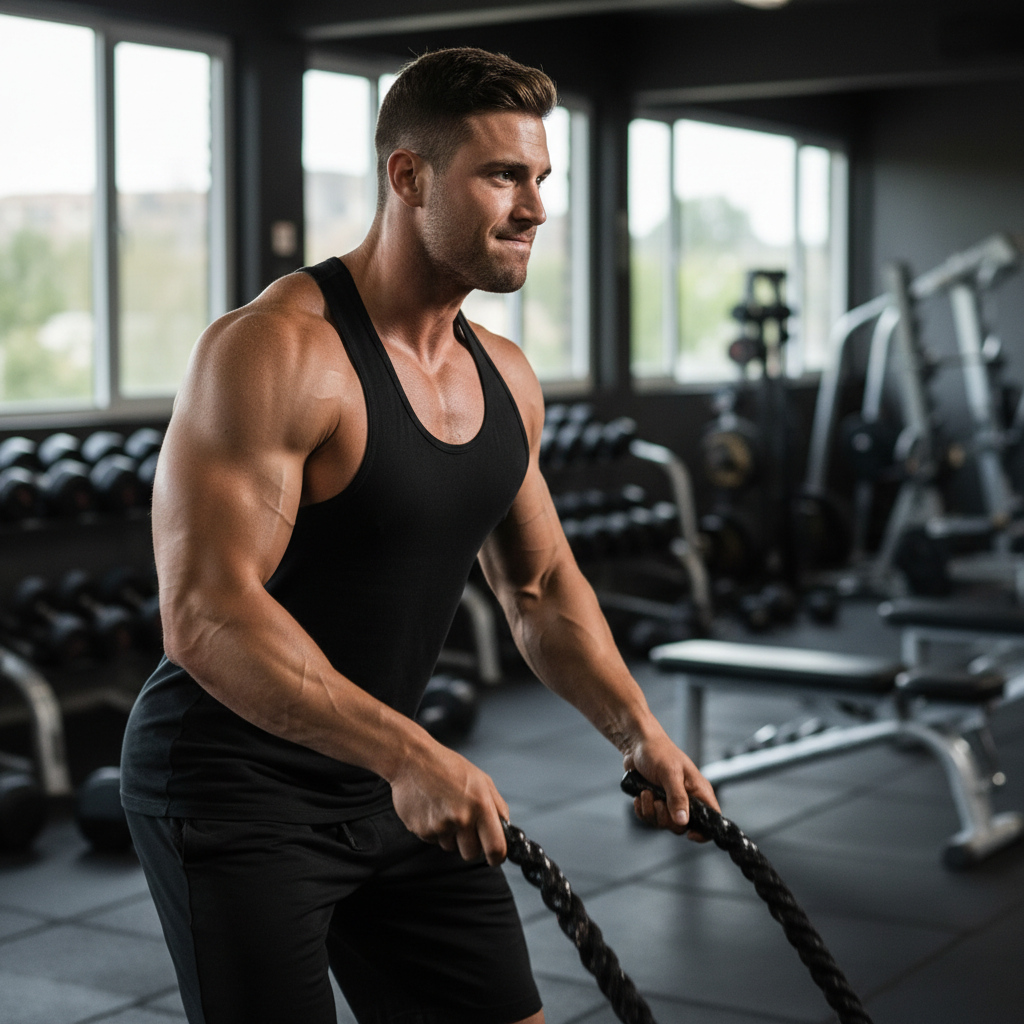 Side view battle ropes in gym - black tank