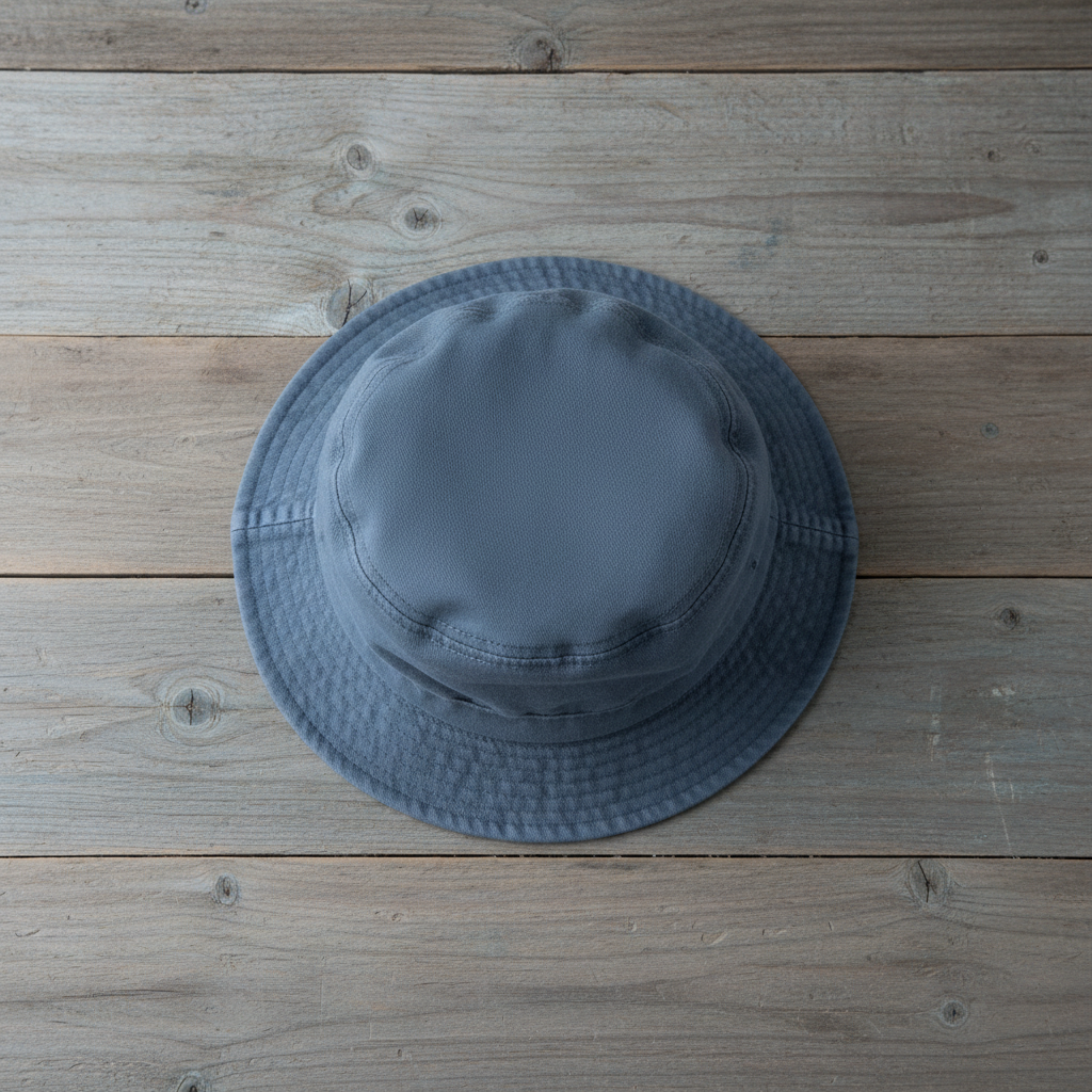 Slate blue bucket hat on wooden background
