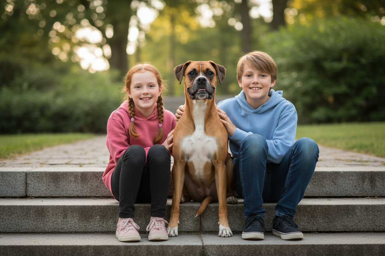 Slightly older boy and girl on steps with boxer in the middle