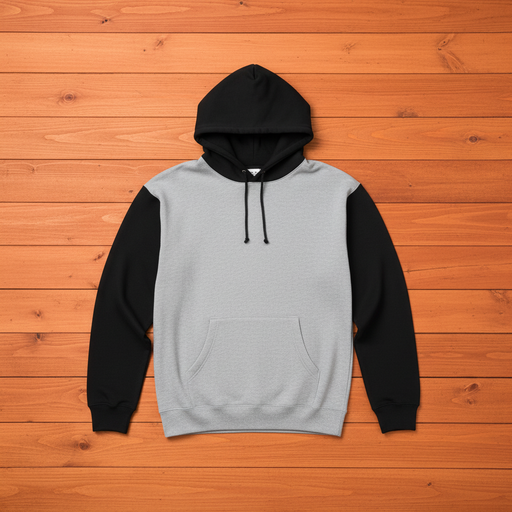 Square format hoodie flat lay on orange slats