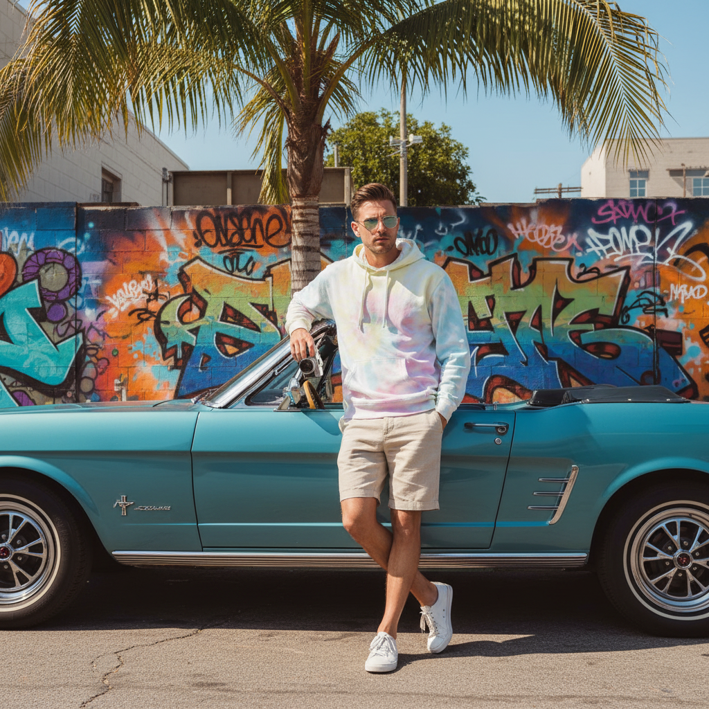 Square format with visible palm fronds - Man in sunset swirl hoodie