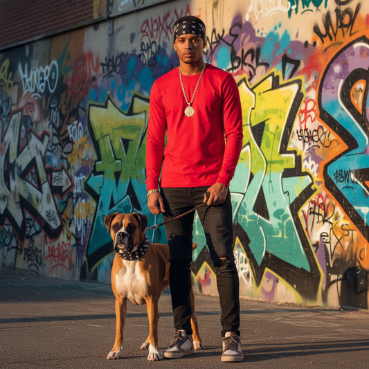 Stylish guy in red long sleeve with bandana, boxer, and colorful background