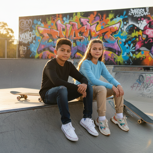 Stylish skate park editorial with colorful graffiti background