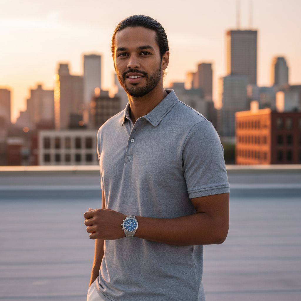 Stylish urban rooftop - guy with slicked back hair in grey polo