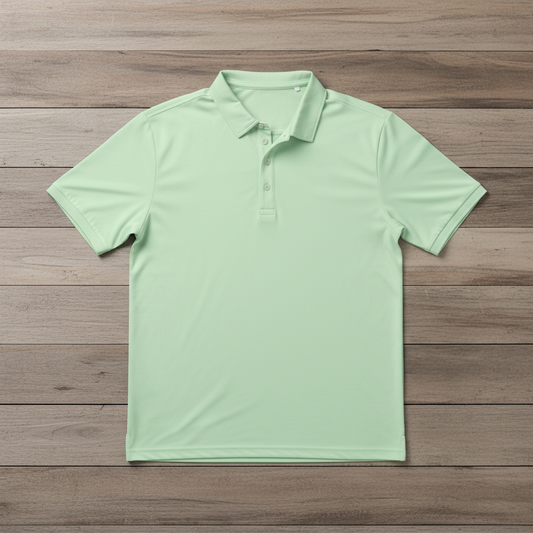 Summer green polo - flat on horizontal wood slats