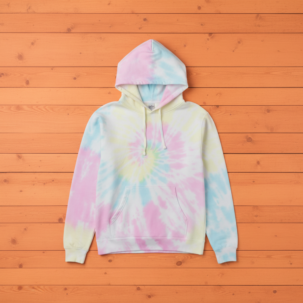 Sunset swirl tie-dye hoodie flat lay on orange slats