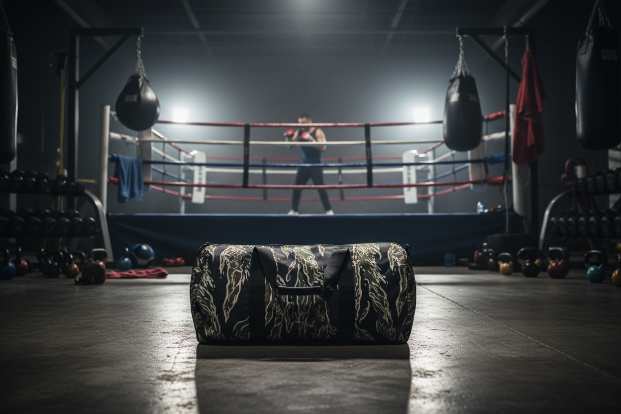 Tiger camo duffel bag at boxing gym