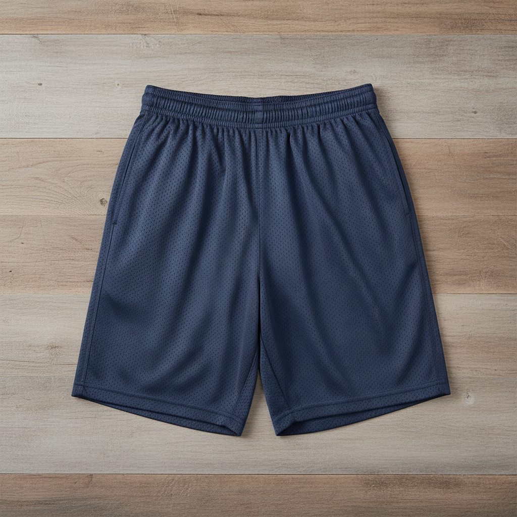 True navy athletic shorts on wooden background