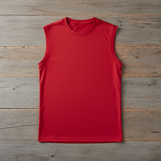 True Red sleeveless tee on wooden background