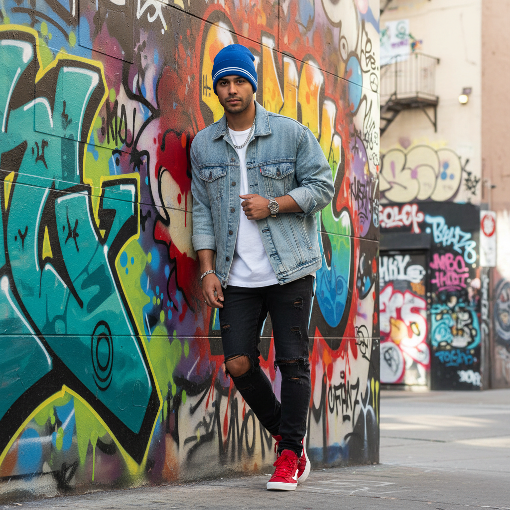 Urban street lifestyle with blue spectator beanie and graffiti wall