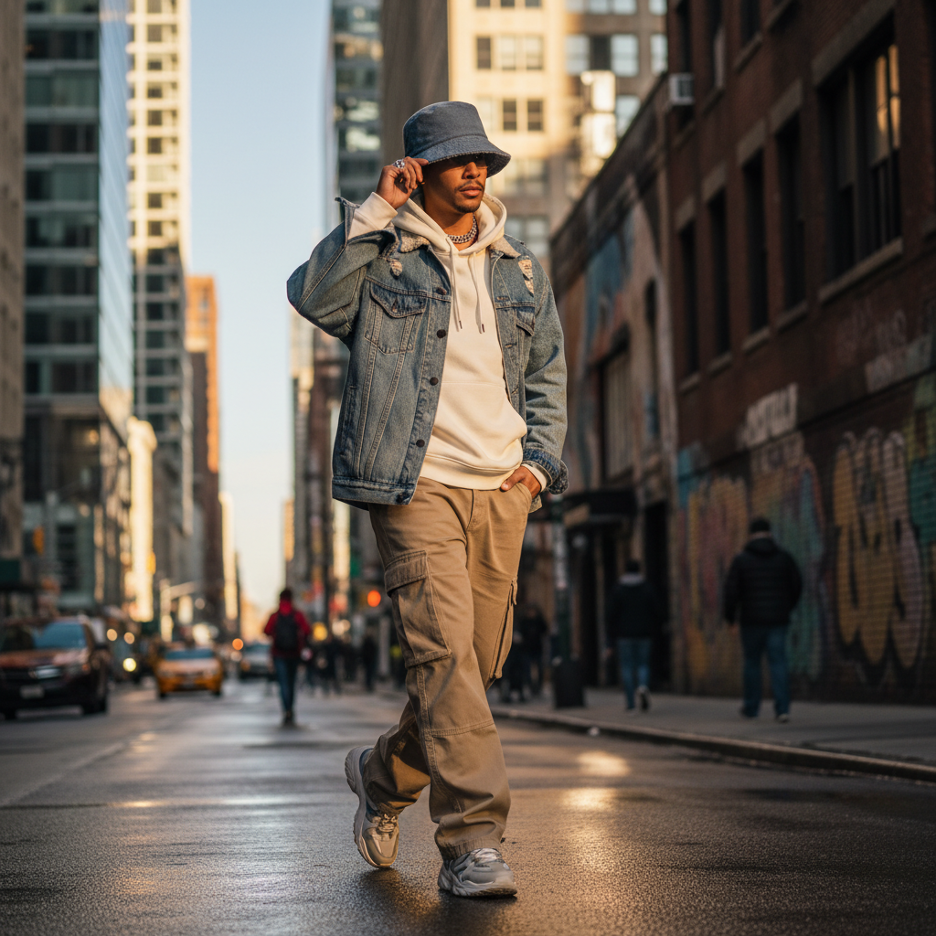 Urban streetwear lifestyle with slate blue bucket hat