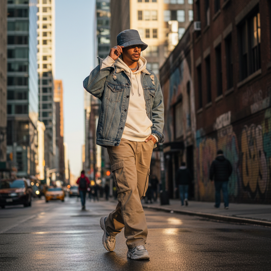 Urban streetwear lifestyle with slate blue bucket hat