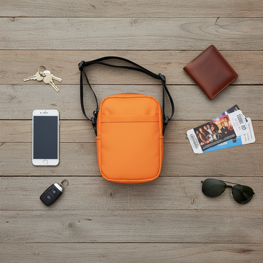 Vibrant orange crossbody bag with items on wooden background