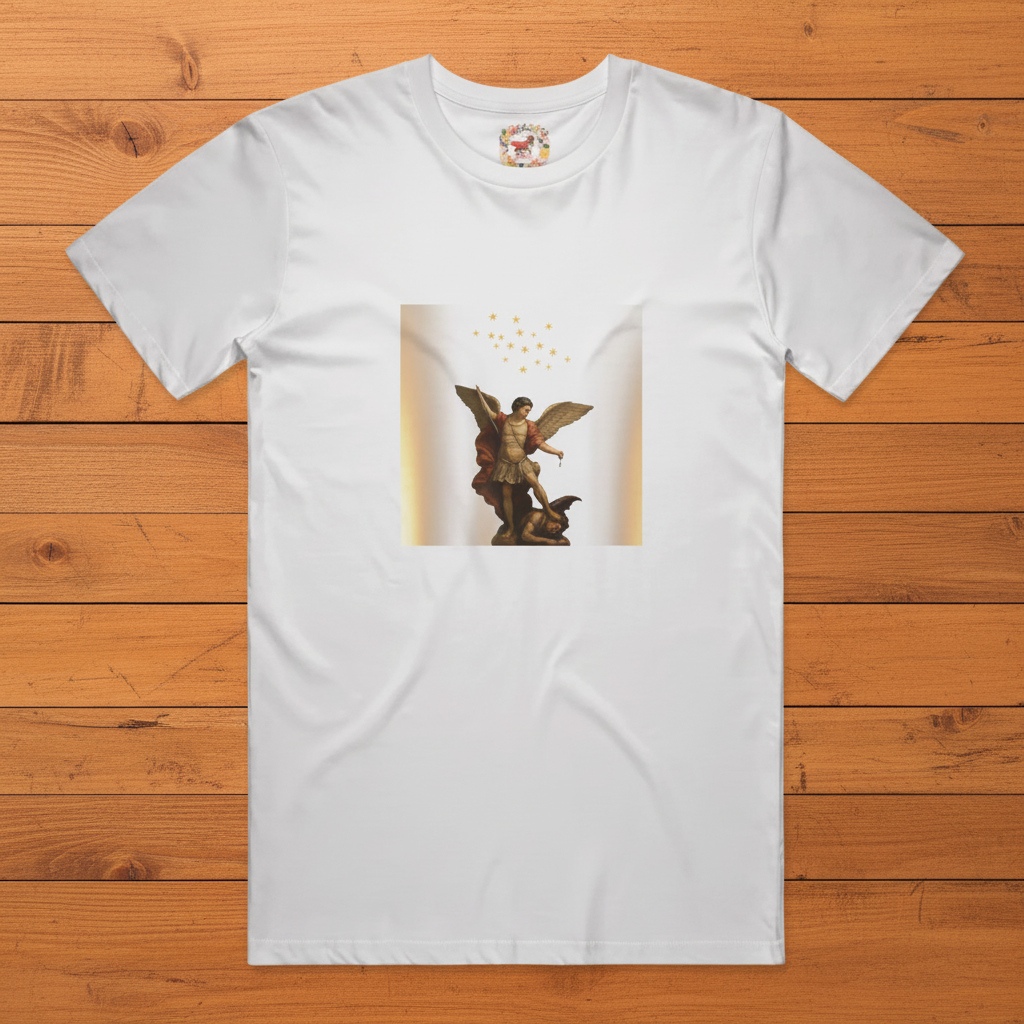 White Archangel Michael tee on warm wooden slats