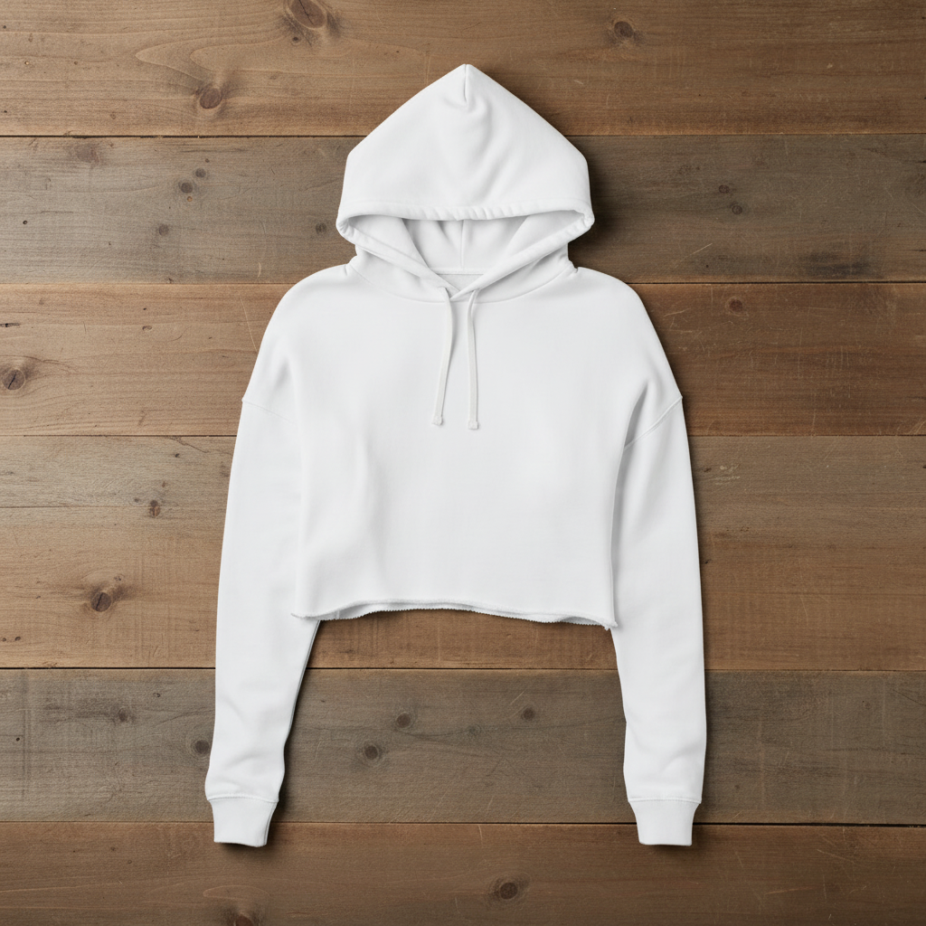 White crop hoodie on wooden slats - matching grey heather style
