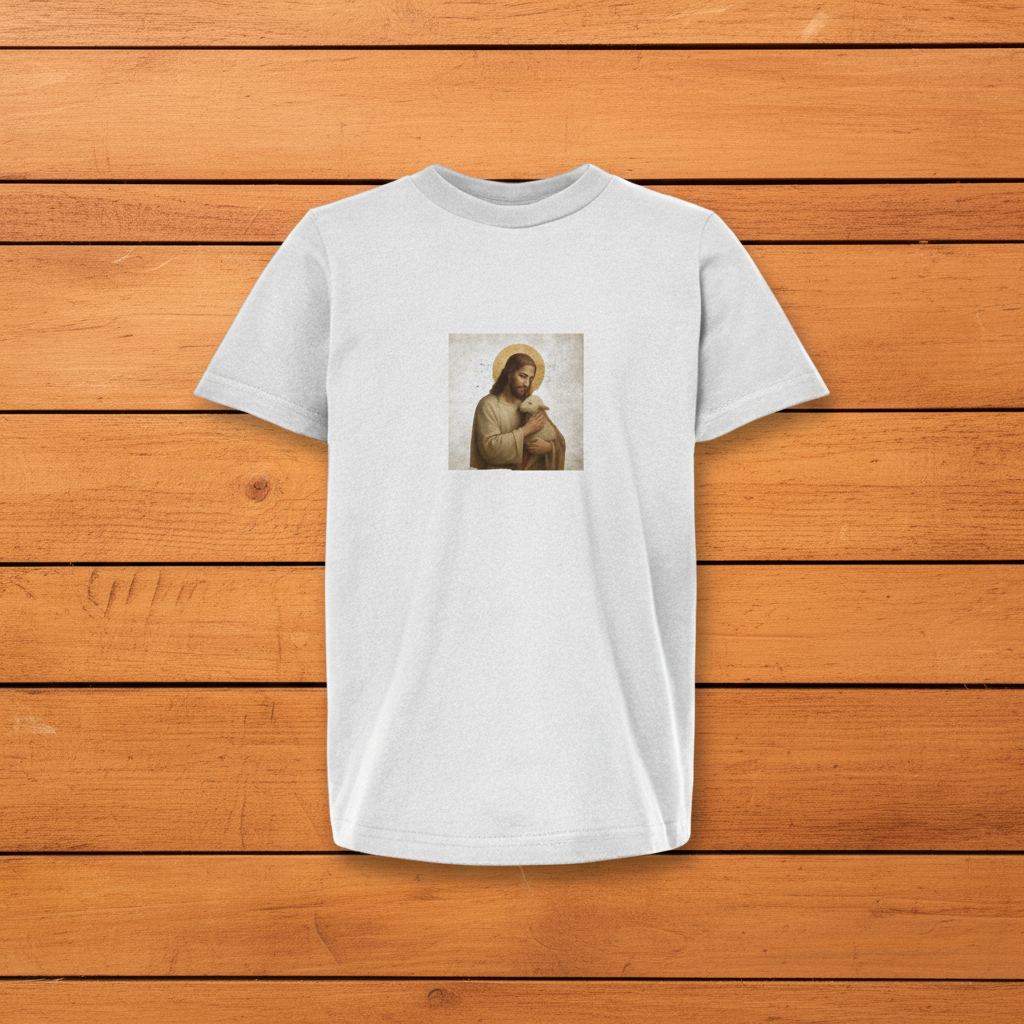 White kids Jesus and Lamb tee on warm wooden slats