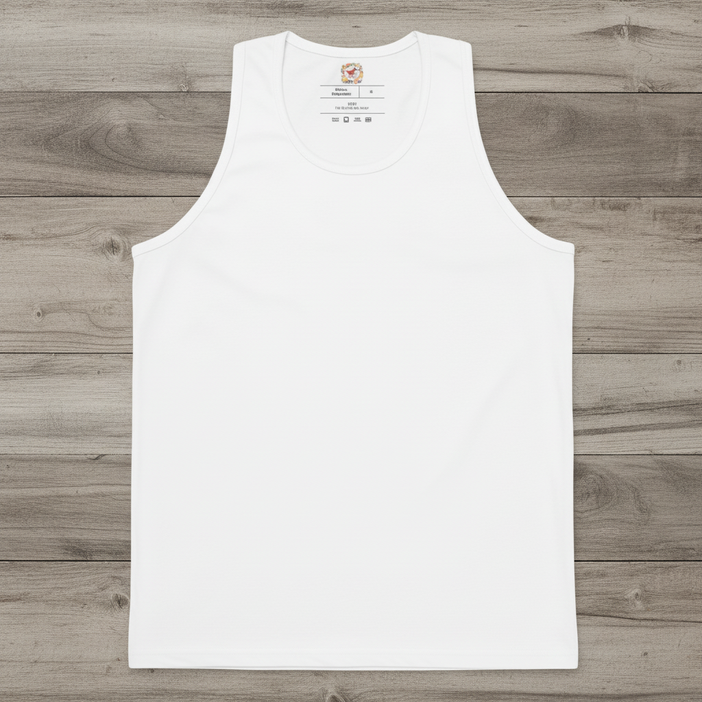 White men's tank top on wooden background