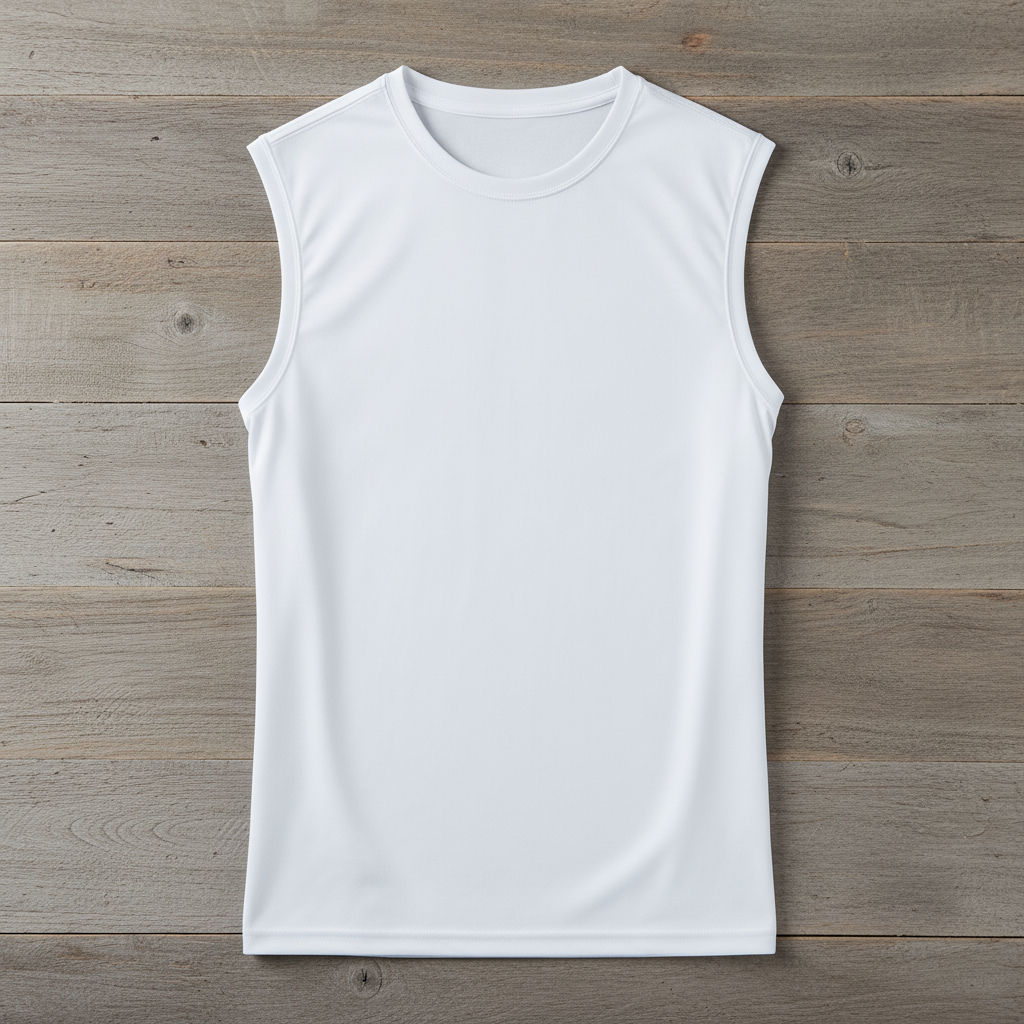 White sleeveless tee on wooden background