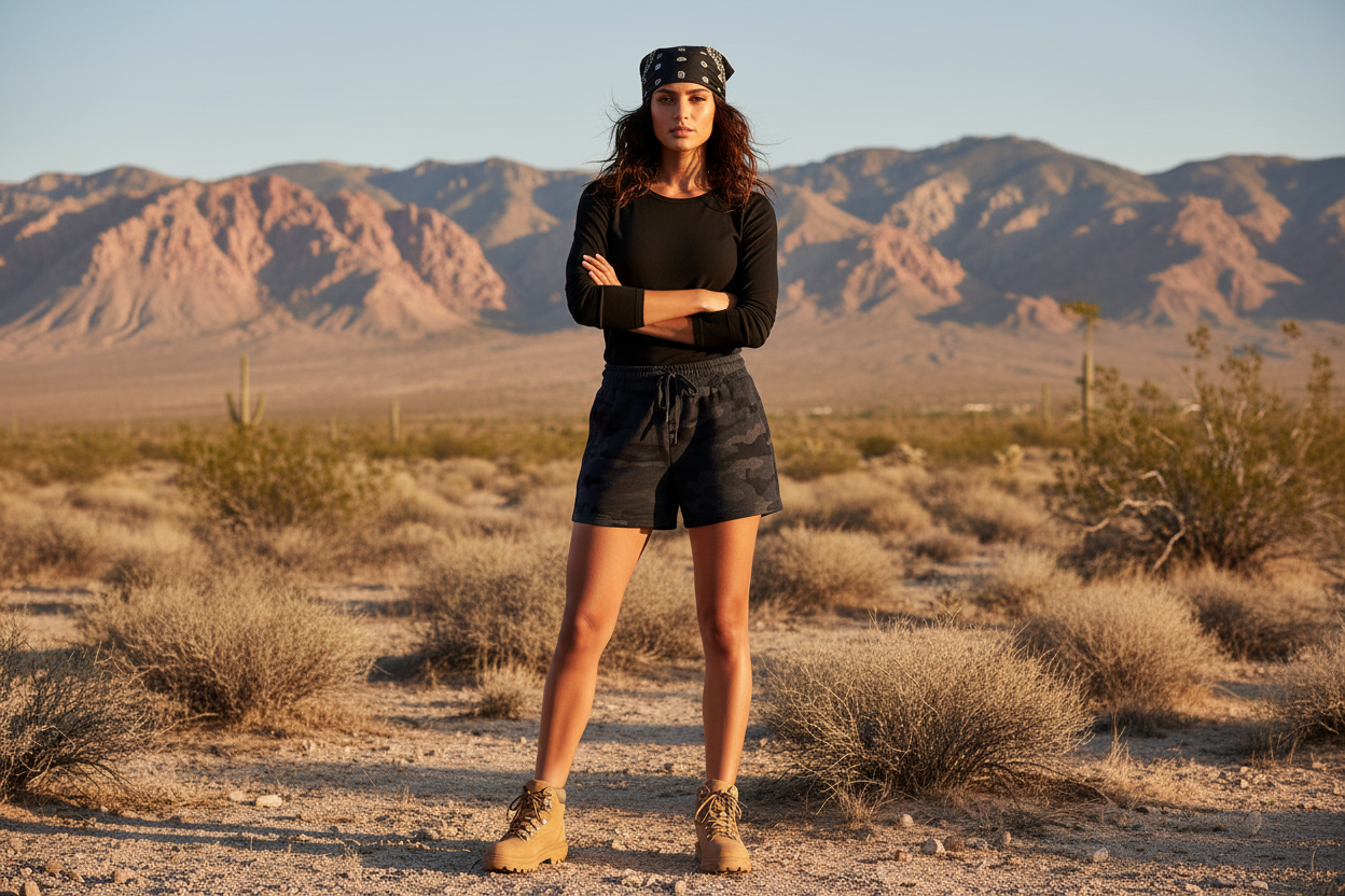 Woman in black camo shorts with black tee and bandana in desert landscape