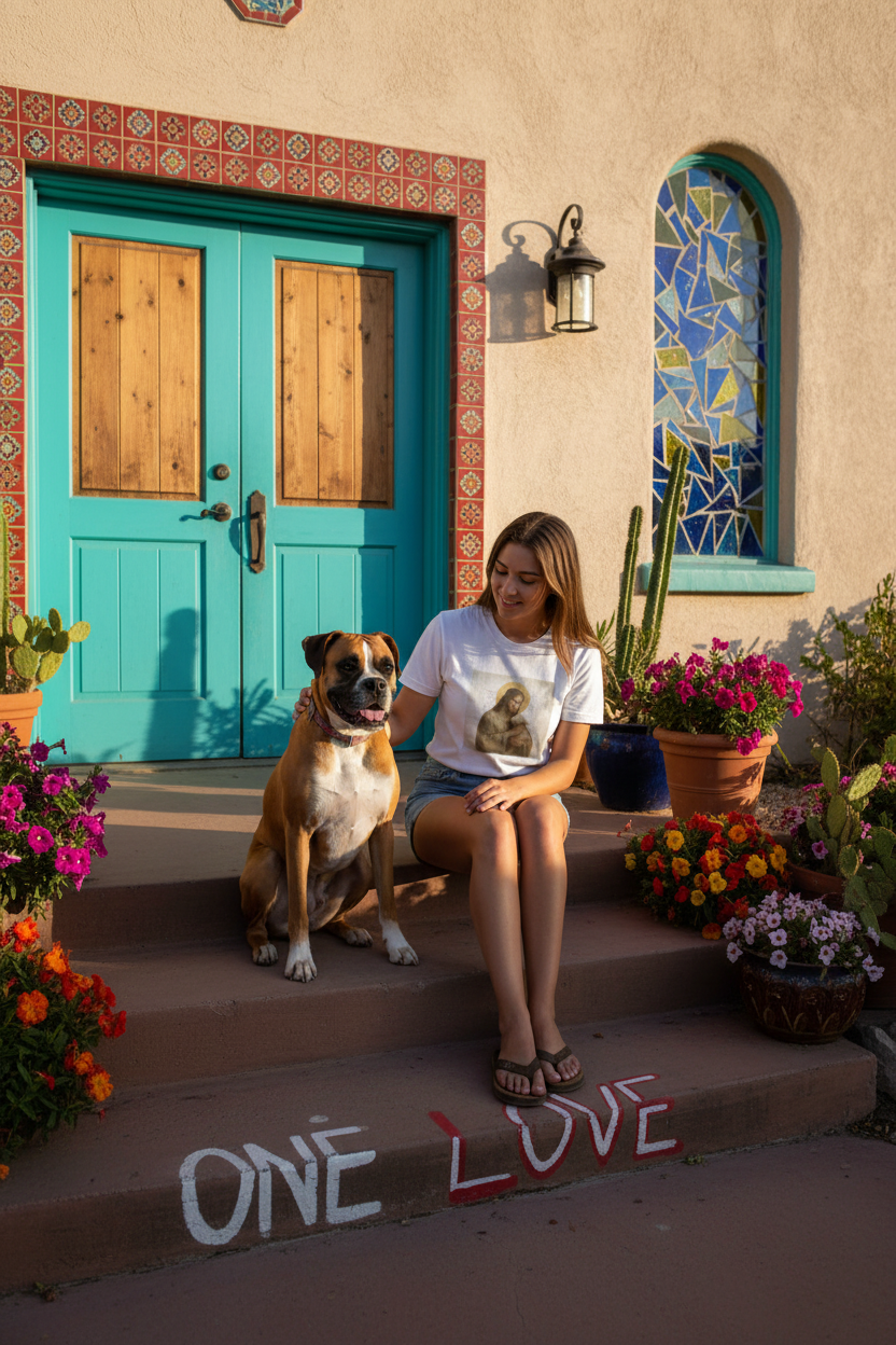 Woman in Jesus and Lamb tee sitting with boxer at southwestern church