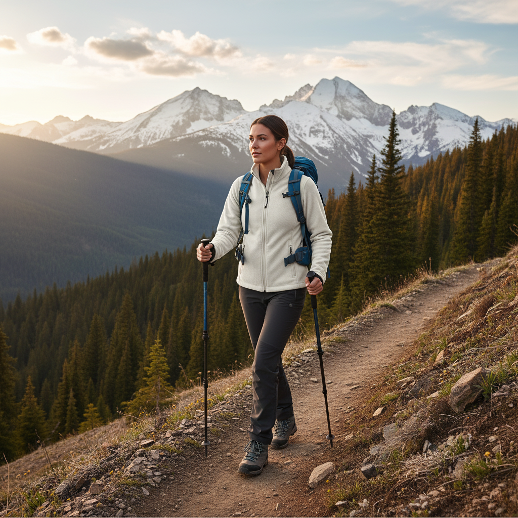 Woman in outdoor adventure setting wearing winter white fleece jacket