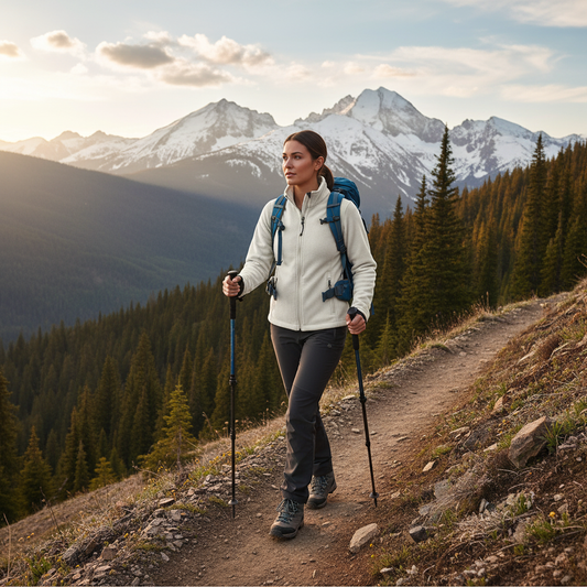 Woman in outdoor adventure setting wearing winter white fleece jacket