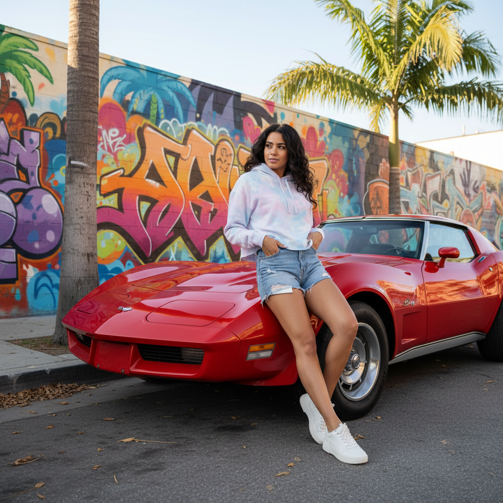 Woman in pastel tie-dye crop hoodie with red Stingray