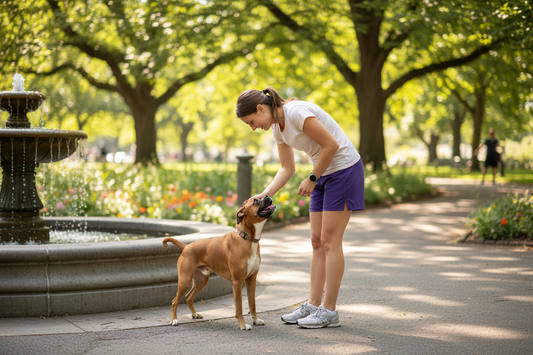 Woman in purple shorts with boxer dog by water fountain in park