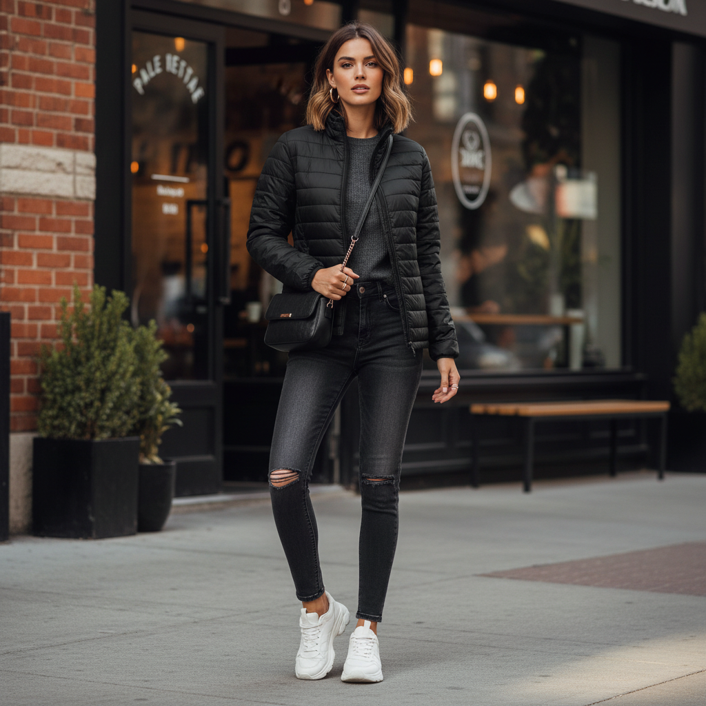 Woman in urban chic setting wearing black puffer jacket